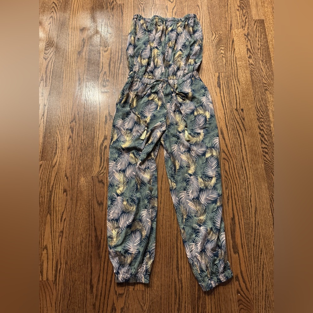 Blue Island Tropical Leaf Print Jumpsuit, size M